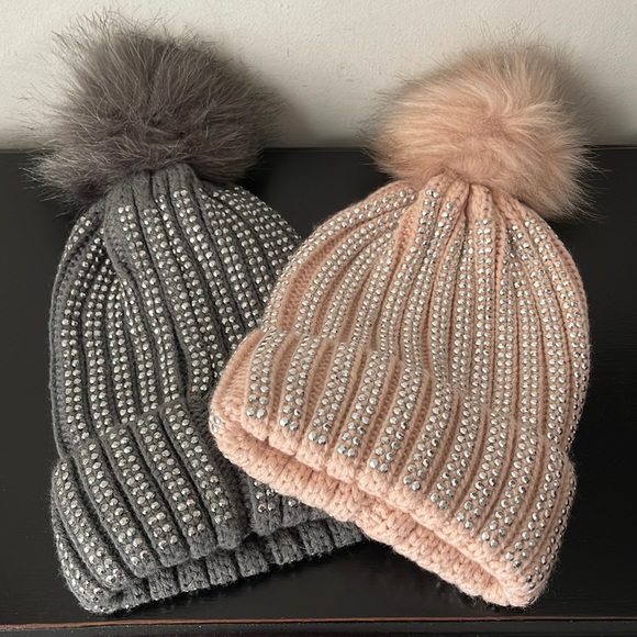 Isaac Mizrahi Accessories - Two Isaac Mizrahi live gray and pink beaded winter hats with pom-pom